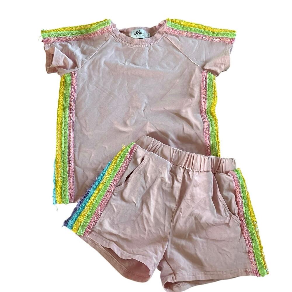 Lola + The Boys Girls Size 8 Pink Sequin Trim Top Shorts Set Rainbow Sparkle